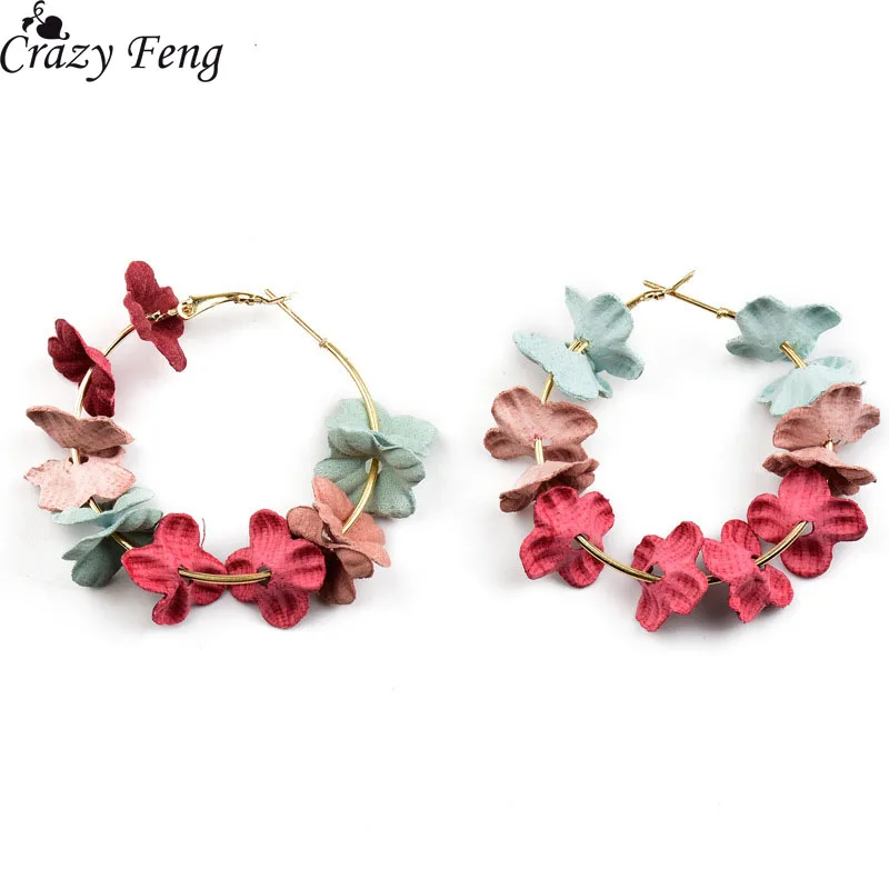Fashion Flower Hoop Earrings Bijoux Femme Sweety Colorful Petal Alloy Ear Jewelry Circle Big Women Charm Brinco | Украшения и