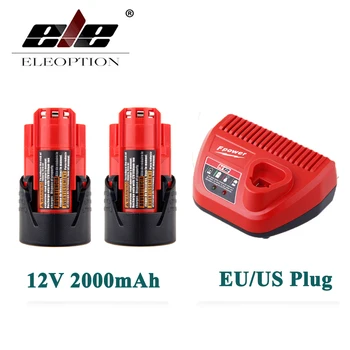 

ELEOPTION 2PCS 12V 2000mAh Li-ion Rechargeable Power Tool Battery For Milwaukee M12 48-11-2401 2510-20 48-59-1812+ Charger