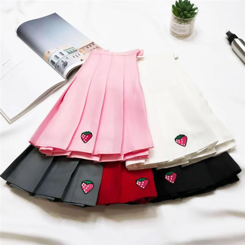 Girl sports tennis A word women's high waist strawberry embroidery pleated skirt ladies safety pants mini skirt pants