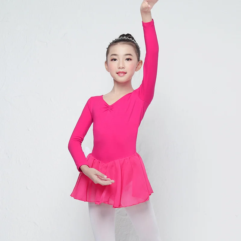 Children Long Sleeve Ballet Leotard Girls Kids Cotton Dance Training Dress Chiffon Skirted Leotard 