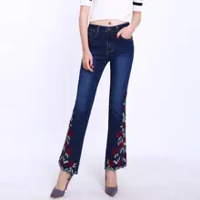 Женские расклешенные брюки джинсы новые вышитые красные розы джинсы национальный ветер стрейч женские брюки