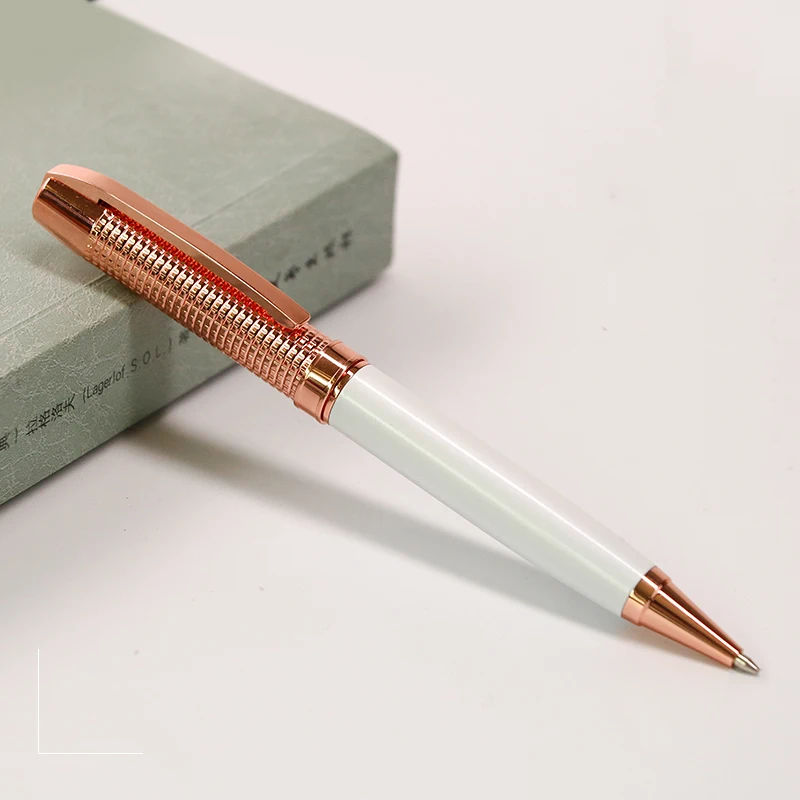 Красивая Белая шариковая ручка цвета розового золота, вращающаяся в подарочной коробке, 0,7 мм, черные чернила, подарочные ручки для женщин, школьные офисные принадлежности