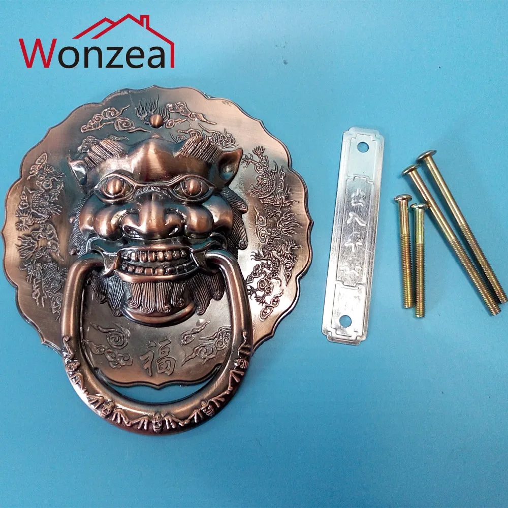 

Chinese Red Copper Door Handles Vintage Lion Head Cabinet Knobs and Handles Furniture Knobs Drawer Pulls 175mm unicorn beast