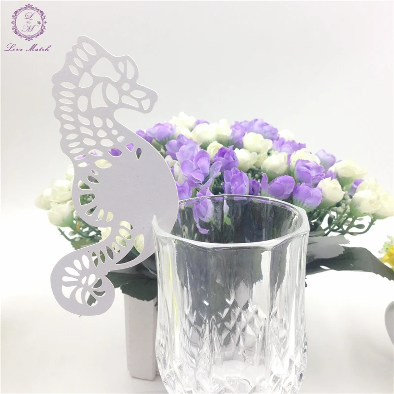 

New 50pcs sea horse Laser cut Cup Card Place Escort Wine Glass Cup Paper Card for Wedding Party Home Decorations baby shower