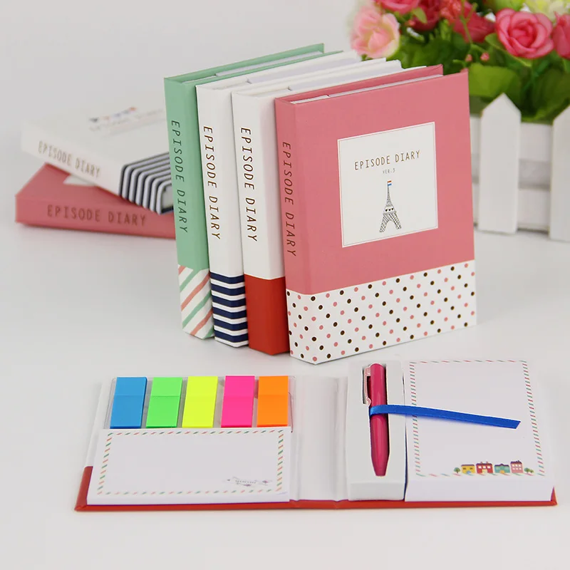 1 PC Creative Hardcover Notepad Sticky Notes Kawaii Stationery Diary Notebook and Pen Office School Supplies