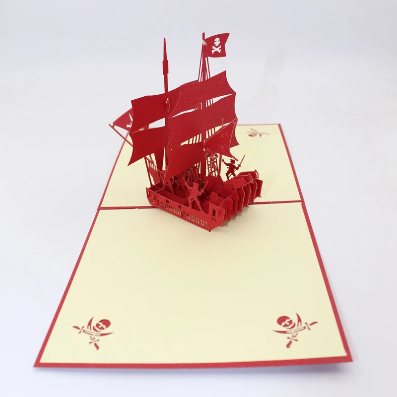  3D Handmade Full Red Sailing Ship Pirate Boat Paper Greeting Cards with Envelope Business Kids Birt - 32914208965