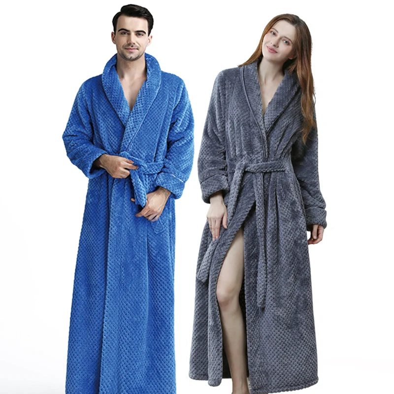 Men Winter Extra Long Knitted Waffle Flannel Coral Fleece Bathrobe Male ...