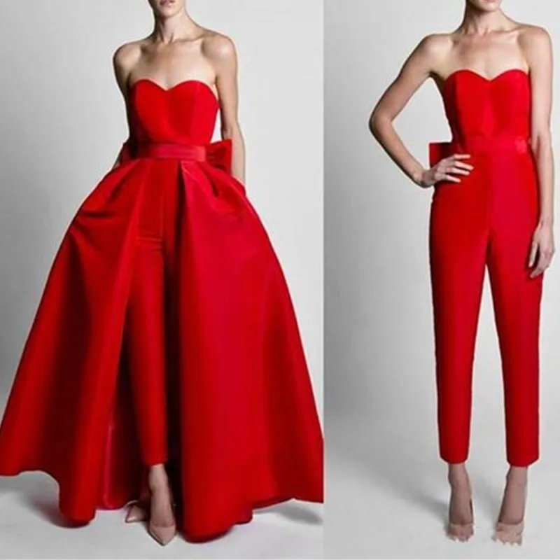 Red Jumpsuits Formal Evening Dresses With Detachable Skirt Sweetheart Prom Dresses Party Wear Pants for Women Hot Sale