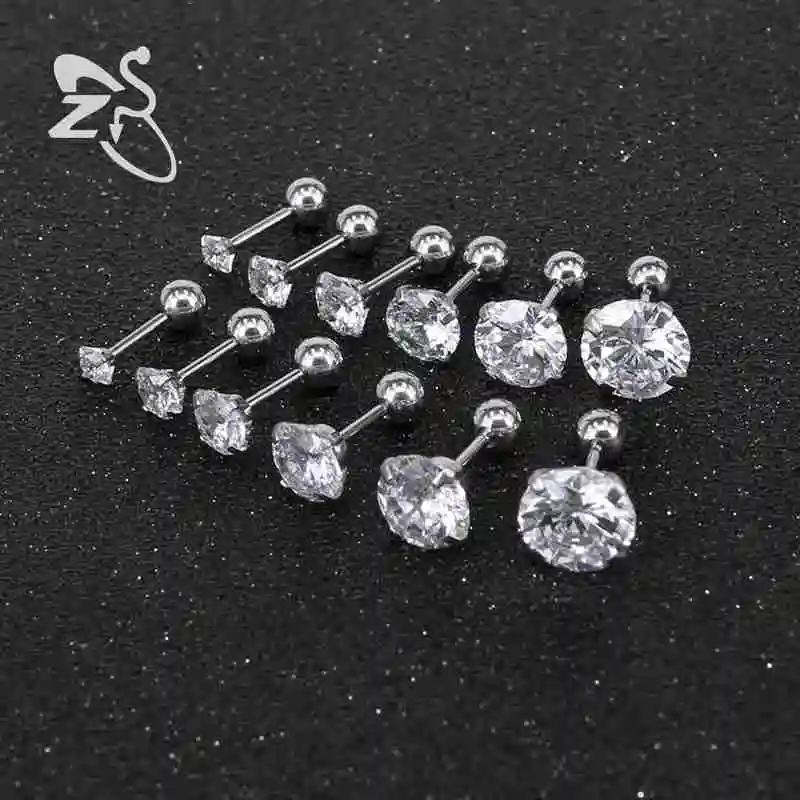 ZS 6pairs/lot Stainless Steel Earrings for Women Stud Earrings Piercing Cartilage Round Crystals Stud Earrings Children Brincos
