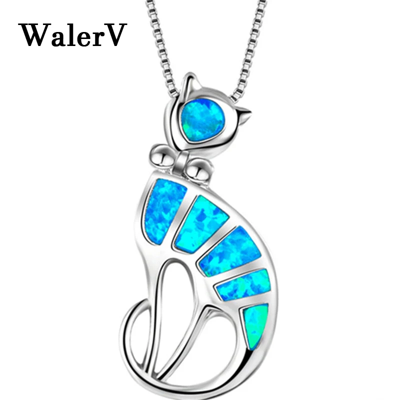 

WalerV Lovely Charm Cat Shape Imitation Blue Fire Opal Stone Pendant Necklace for Women Girl Set Free 18 Inches Necklace Gift