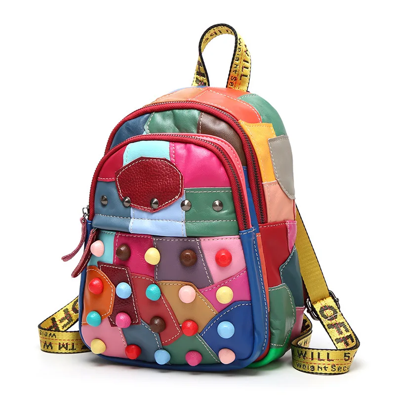 

Genuine Leather Backpack Sheepskin Summer Backpack for Beach Luxury Designer Bag Colorful Patchwork 2019 New Cute Backpack Pink