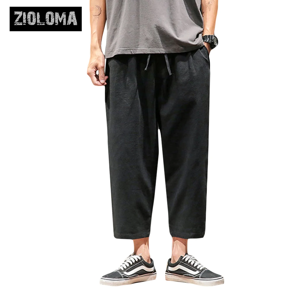 e-youth Mens Elastic Waist Wide Leg Cotton Harem Baggy Pants Patchwork Linen Capri Trousers