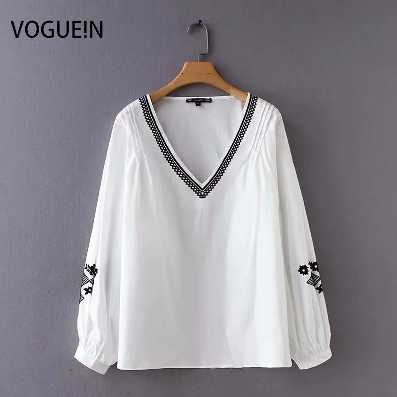 

VOGUEIN New Womens Contract Colors Print Long Sleeve Pullover Blouse Shirt Tops Wholesale
