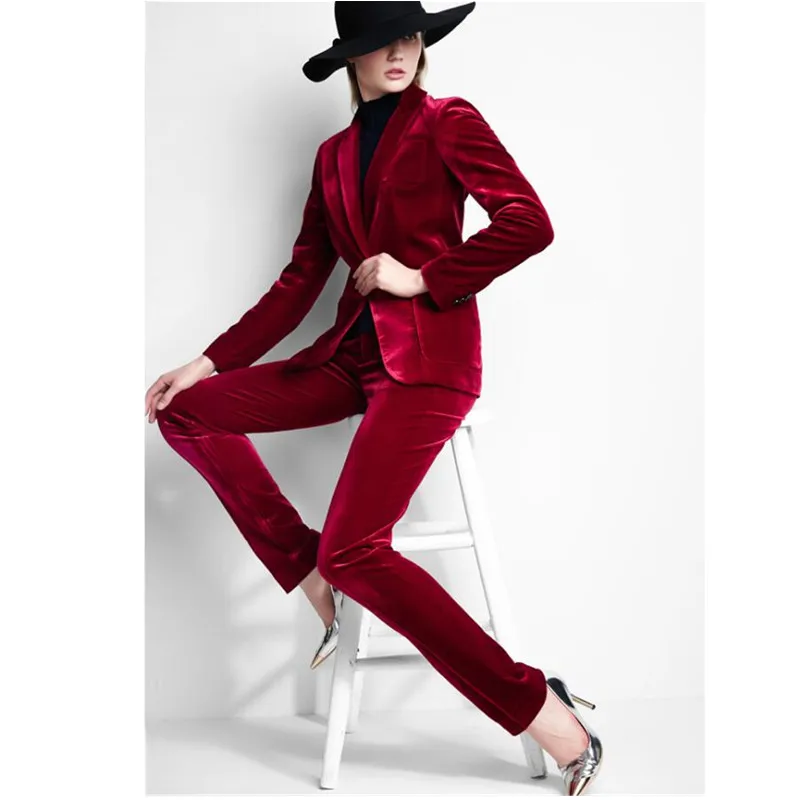 Red Velvet Notched Collar Formal Pant Suit For Wedding