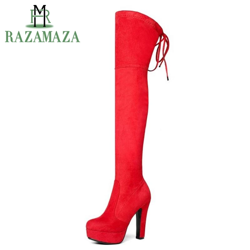 Kopen RAZAMAZA Size 34 43 8 Kleuren Winter Elastische Laarzen Voor Vrouwen Hoge Hak Over de Knie Warm Bota Vrouwelijke Rug riem Dikke Platform Schoenen
