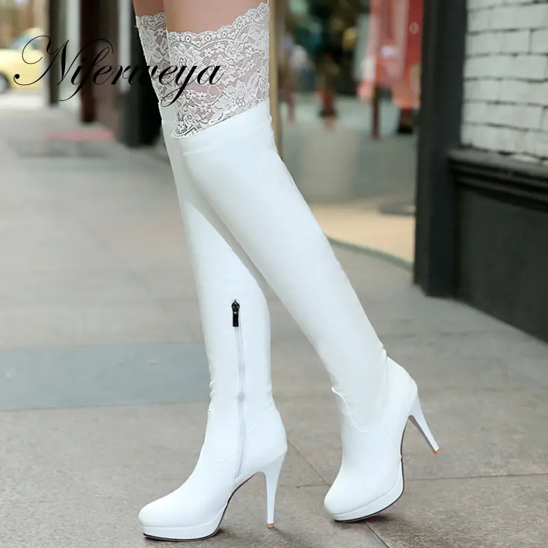 

2016 New big size 34-43 winter women lace botas sexy Round Toe high heel shoes solid PU white Over-the-Knee boots AU-703-5