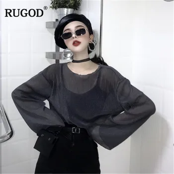 

RUGOD 2019 Mesh patchwork women blouses flare sleeves o neck transparent elegant solid women tops and blouses summer shirts