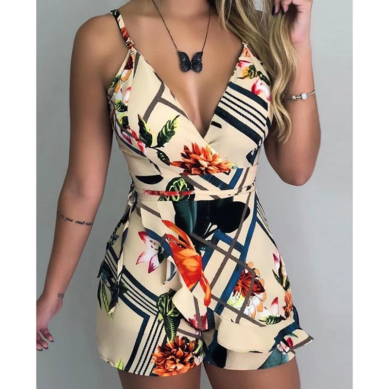 

Spaghetti Strap Floral Print Romper V Neck Sleeveless Jumpsuit Shorts High Waist Bodysuit Sexy Jumpsuit for Women 2019 Veralls