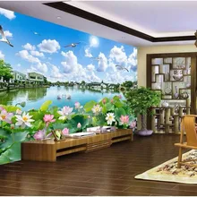 Пользовательские фото 3d настенная ткань китайская роспись на шелке Красивая пейзажная картина цветы лотоса улучшение гостиная 3d печати шелковой ткани