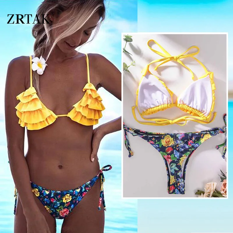 

Zrtak Ruffle Bikini Solid Floral Swimsuit Lace Up Bandage Swimwear Women String White Bathing Suits Yellow Biquini Bikini 2019