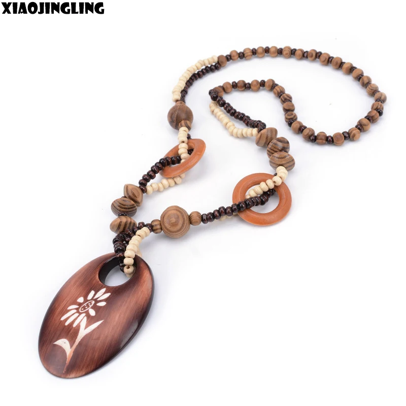 

XIAOJINGLING Natural Wood Bead Flower Carved Vintage Bohemia 64cm Women Girls Long Necklace Statement Ethnic Jewelry Men Boys