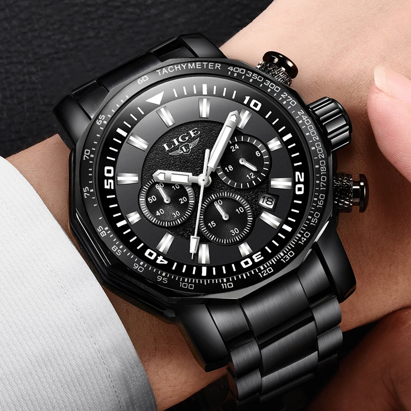

Mens Watches LIGE Casual Military Sports Watch Men's Large Dial Quartz Men's Stainless Steel Waterproof Watch Relogio Masculino