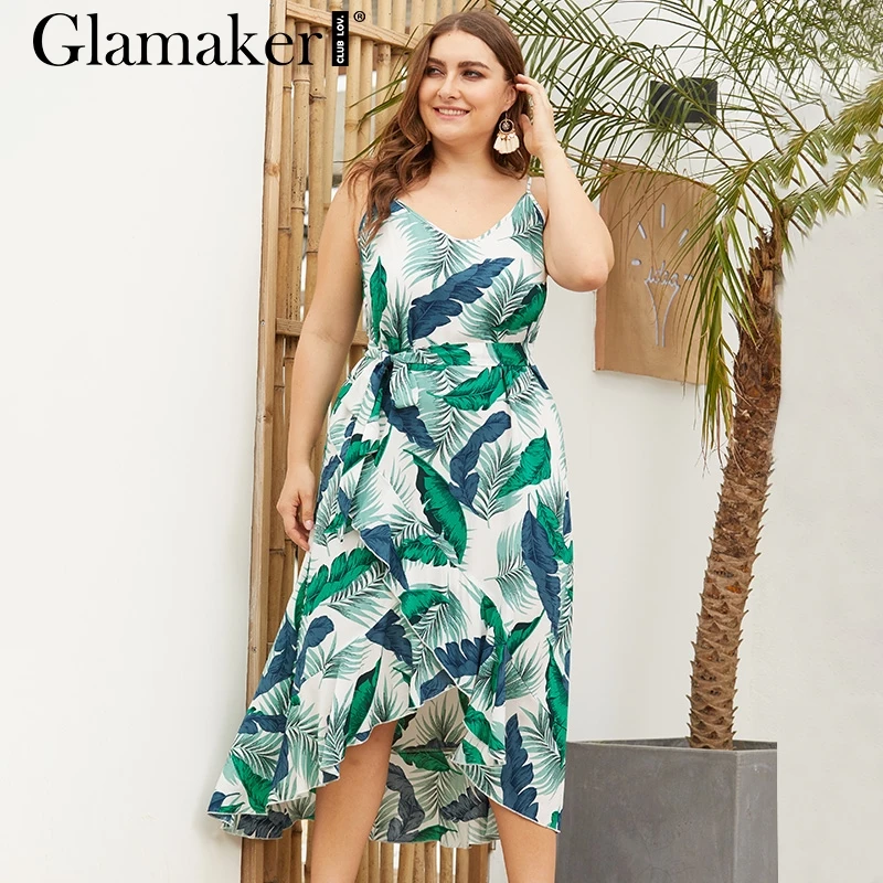 

Glamaker Elegant green floral print green dress Women sexy ruffle summer beach dress Female v neck large size casual maxi dress
