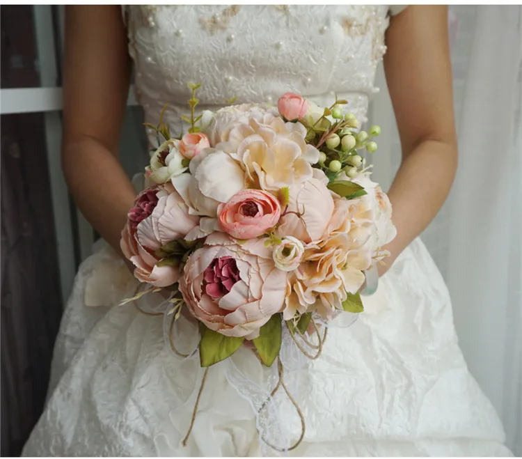 Flone European Artificial Peony Berry Flower Bouquet Bride Holding Flowers Fake Silk Flowers Home Party Decor Flower Arrangement (5)