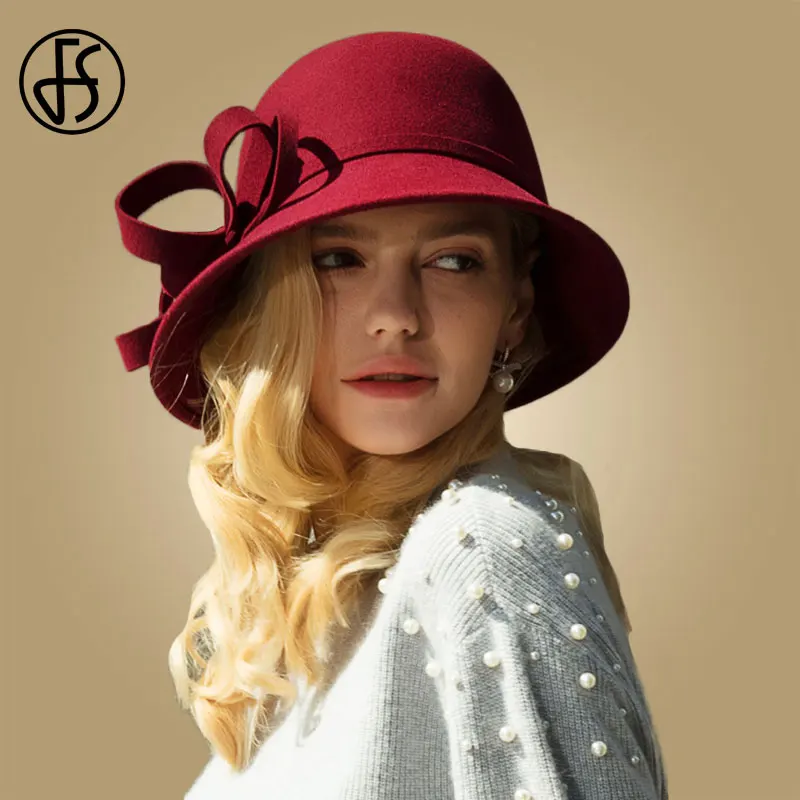 FS Осень Зима шерсть Клош шляпы для женщин с широкими полями фетровая шляпа винно-красного цвета вечерние шляпы - Цвет: Wine Red Wool Hat