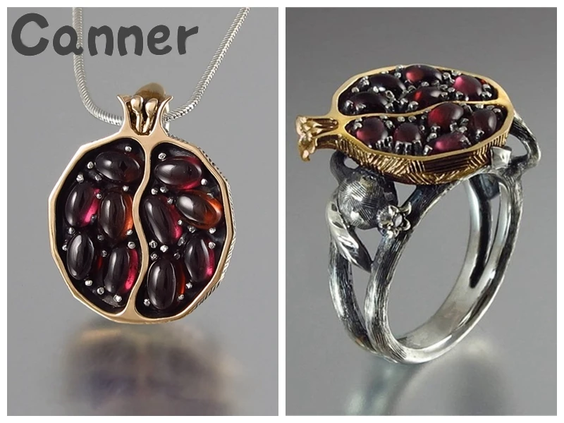 Canner натуральный гранатовый гранат ожерелье кольца серьги набор красный камень кулон ожерелье набор украшений для женщин девочек Подарки A40 - Окраска металла: necklace ring Size 8