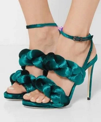 

Plus Size 11 Green Velvet Twisted Women Sandals Ankle Strap Cut-out Peep Toe Gladiator Sandals Women Thin Heels Wedding Shoes
