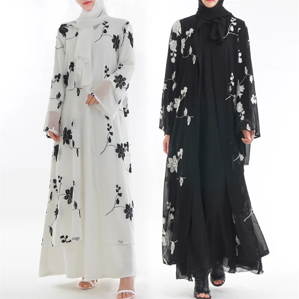 

Muslim Women Printed Flower Maxi Dress Kimono Open Abaya Robe Kaftan Dubai