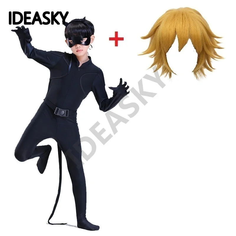 

Black Full Set Ladybug Jumpsuite lad bug Noir Adrien Agreste suit Cosplay Cat Costume Kids Halloween Fancy boys Marinette Wig