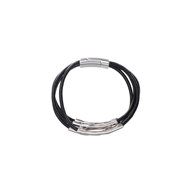 

2017 new fashion alloy Pattern geometric shape black multi-layer genuine leather cord magnetic clasp bracelets for women and men