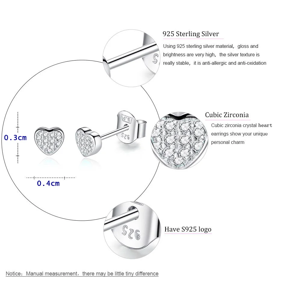 FOREWE 925 пробы серебряные серьги ювелирные изделия крошечные CZ проложить кристалл сердце серьги гвоздики подарок для женщин девочек детей леди