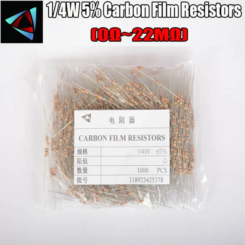 1000 шт. 1/4 Вт 0 25 5% карбоновый пленочный резистор 0R ~ 10 м 100R 220R 330R 1K 2 K 3 4 7 10K 22K 47K 100K 47 100