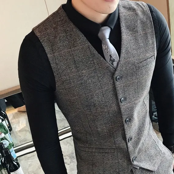 Only vest Coffee Мужской Клетчатый костюм высокого качества, мужские облегающие клетчатые костюмы, мужские Vintge Terno Masculino Traje Hombre официальные смокинги для выпускного - Цвет: Only vest Coffee