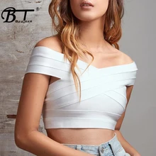 Beateen 2018 New Sexy Lady V-neck Off The Shoulder Bandage Crop Top Short Solid Summer Women Party Fashion Tops Wholesale