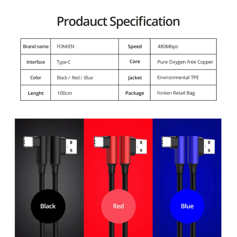 FONKEN usb type-C кабель 90 градусов, кабель для быстрой зарядки 2.4A, кабель для передачи данных, изогнутый, синхронизация, Реверсивный, для samsung Xiaomi USB-C