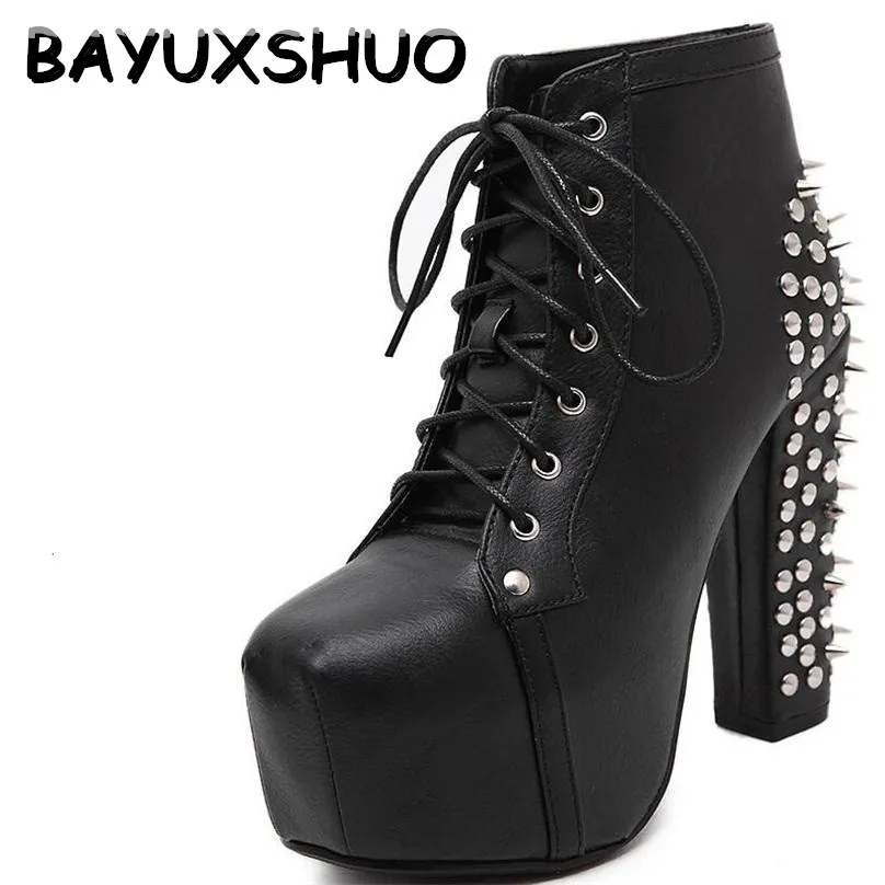 BAYUXSHUO Plus Size High Heels Shoes Women Punk Boots Spikes Ankle Boots Rivet Bota Women Platform Booties Lace Up woman Shoes BAYUXSHUO Plus Size High Heels Shoes Women Punk Boots Spikes Ankle Boots Rivet Bota Women Platform Booties Lace Up woman Shoes