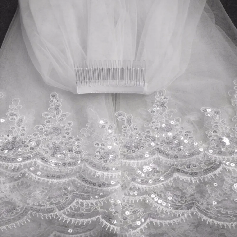 Bridal Veil Fashion Two Layer White Ivory Tulle With Comb Lace Edge Wedding Accessories In Stock