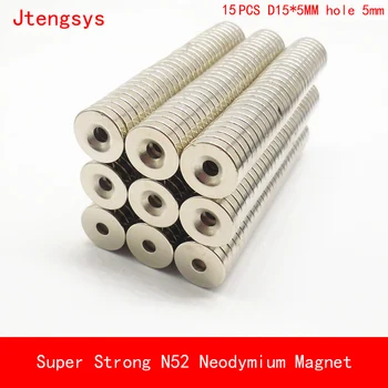

New 15pcs 15 mm x 5 mm Strong Ring Magnets Countersunk Hole 5 mm Rare Earth Neodymium Circular magnet N52 Neodymium magnet