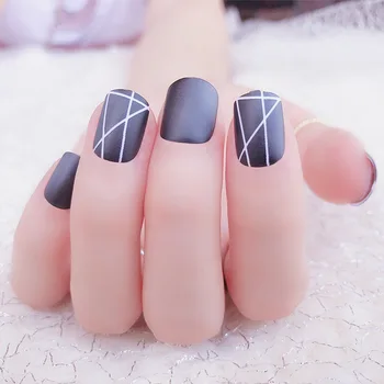 

24pcs false nails with Glue Frosted Matte Black Grind Designs Full Cover Short faux ongle Tips Ladies Fake Nails with Designs