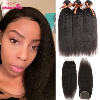

Kinky Straight Human Hair Bundles With Closure 4/5 pcs Brazilian Hair Weave Bundles With Closure Remy Hair Extension