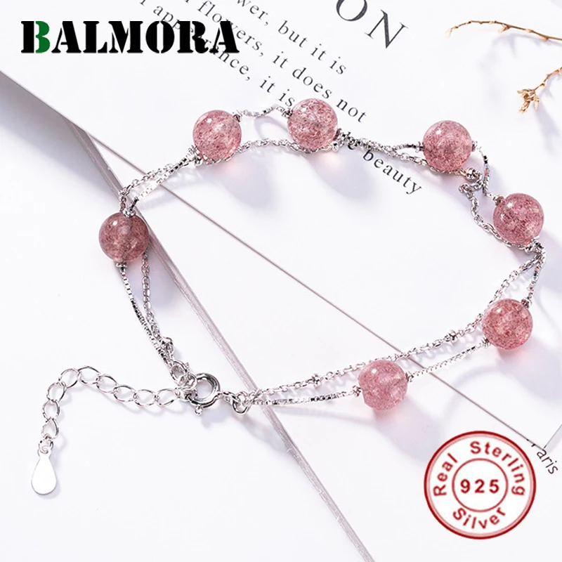 

BALMORA 925 Sterling Silver Strawberry Pink Crystal Silver Beads Bracelet For Women Small Fresh Gift Fashion Jewelry JWB5008