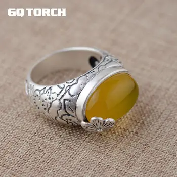 

925 Sterling Silver Natural Gemstone Rings For Women Inlaid Yellow Chalcedony Stone 990 Thai Silver Flower Carving