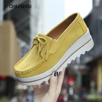 

CHAISHOU shoes woman 2018 Spring and autumn plus big Size Suede Flat Platform Loafers heels creepers moccasins CS-31