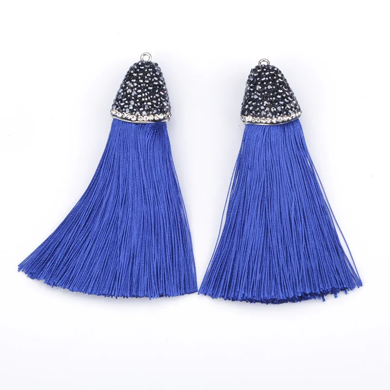 Bohemia Light Dark Navy Blue Thick Silk Tassel Black Rhinestone Bead