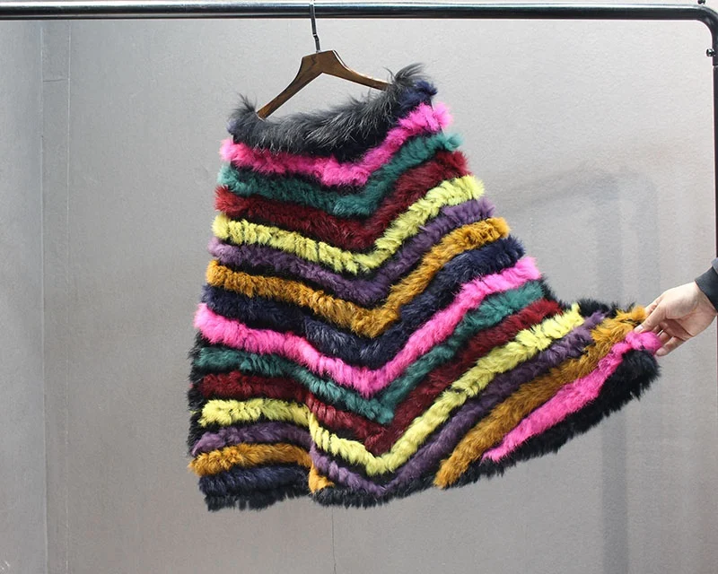 female natural knitted rabbit fur poncho with collar  (10)
