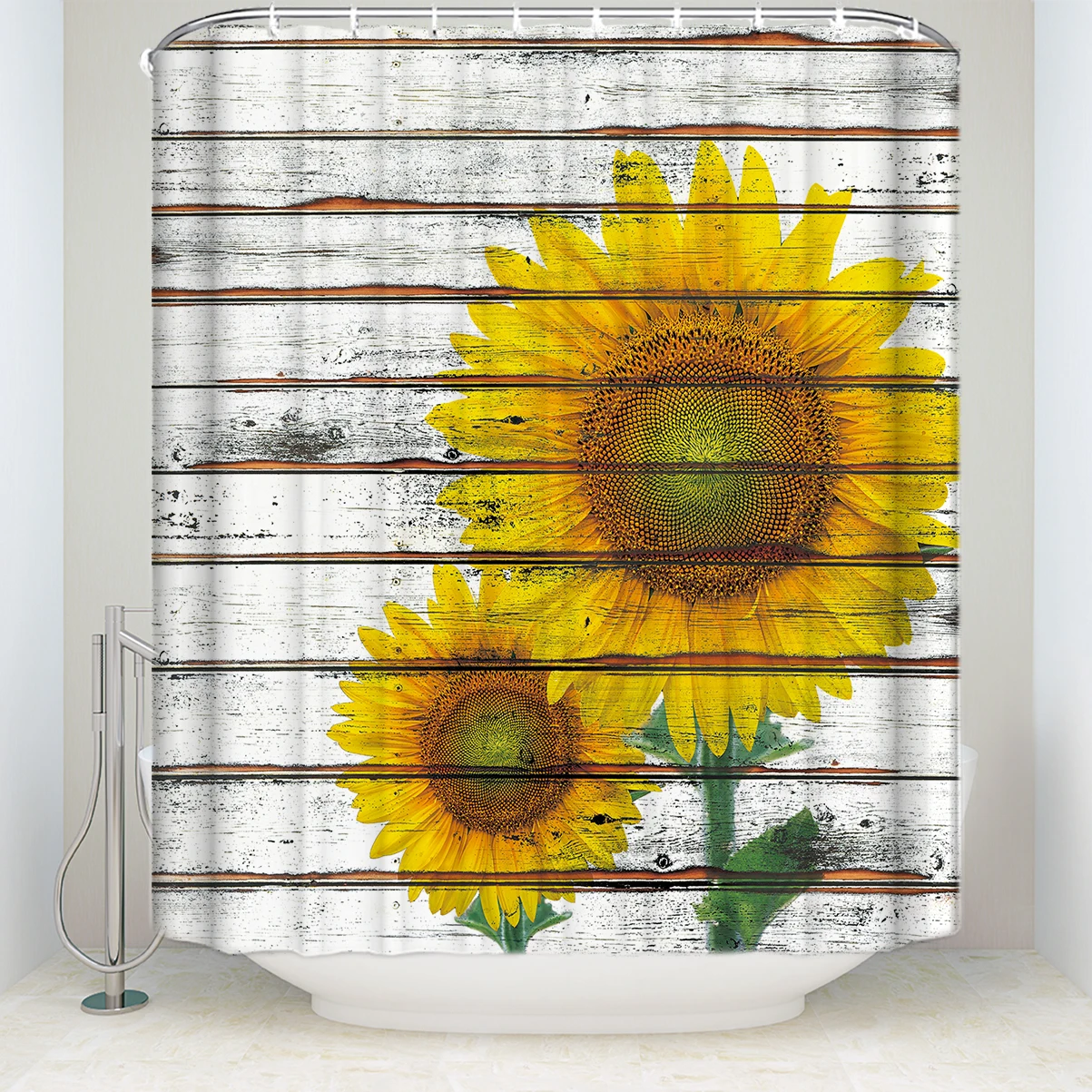 New Waterproof Sunflower on A Wooden Board Shower Curtain with Hooks Polyester Fabric Flower